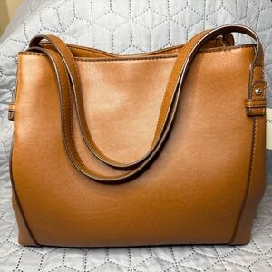 Elegant Tan Brown Faux Leather Purse Handbag Tote Bag NWT